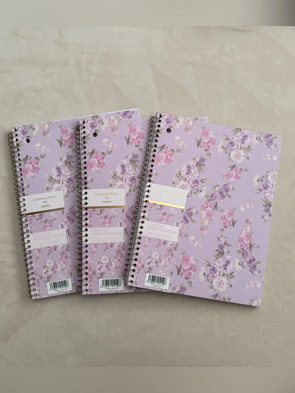 Loveshackfancy 3 pack - Yoobi Purple Floral Spiral Notebook.